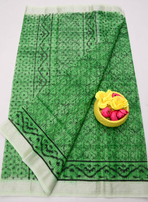 Traditional Kota Doria Hand-Printed Sarees - Green Color