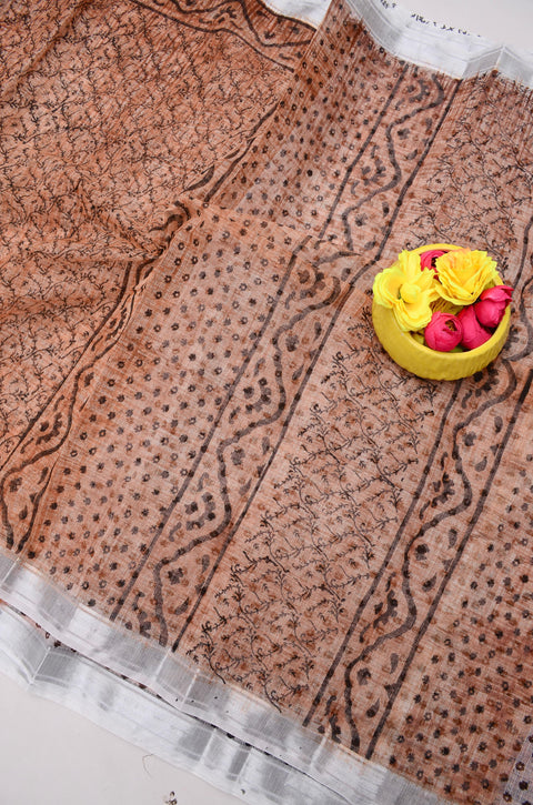 Traditional Kota Doria Hand-Printed Sarees - Brown Color