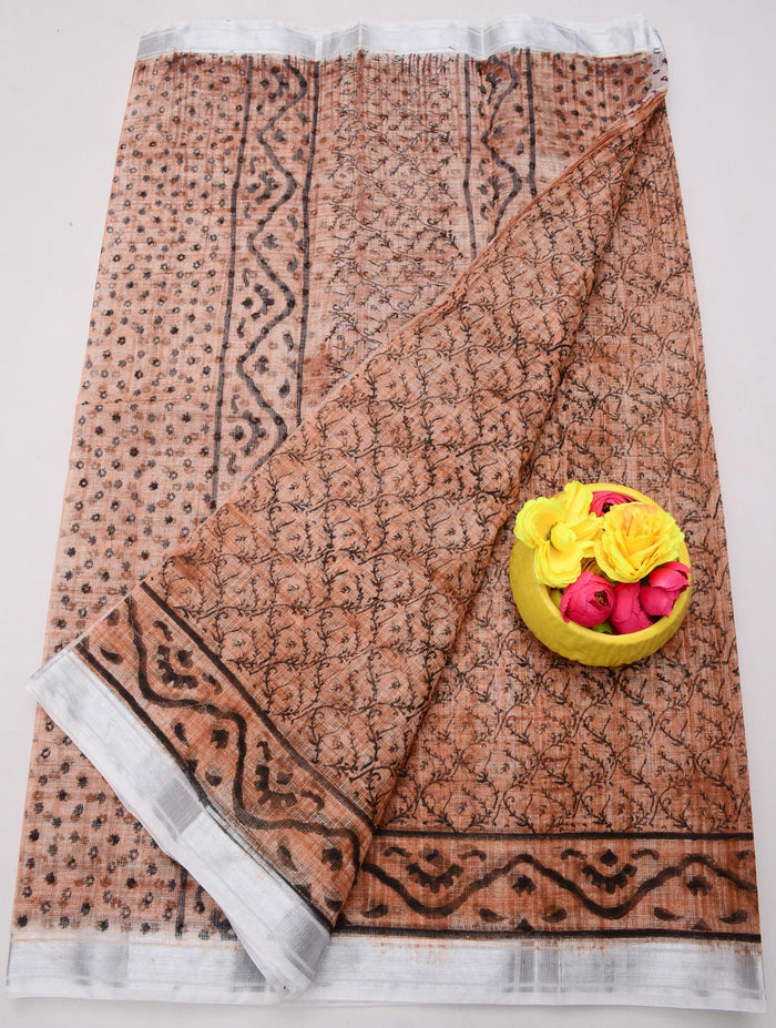 Traditional Kota Doria Hand-Printed Sarees - Brown Color
