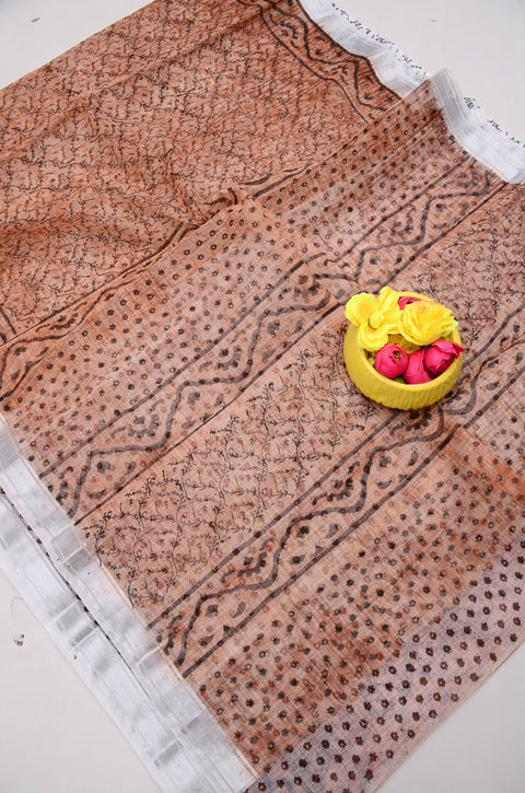Traditional Kota Doria Hand-Printed Sarees - Brown Color