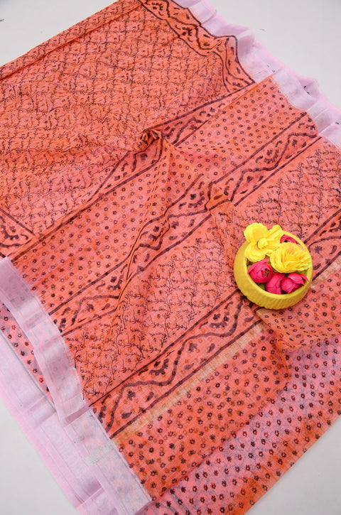 Traditional Kota Doria Hand-Printed Sarees - Peach Color
