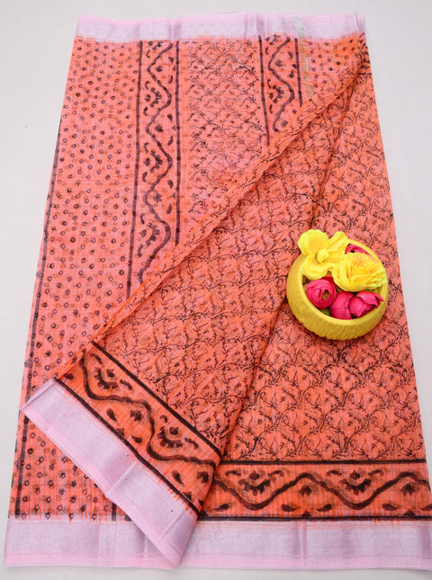 Traditional Kota Doria Hand-Printed Sarees - Peach Color
