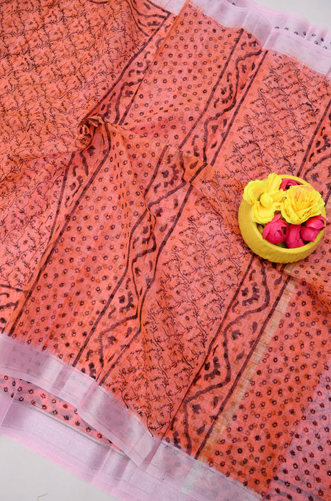 Traditional Kota Doria Hand-Printed Sarees - Peach Color