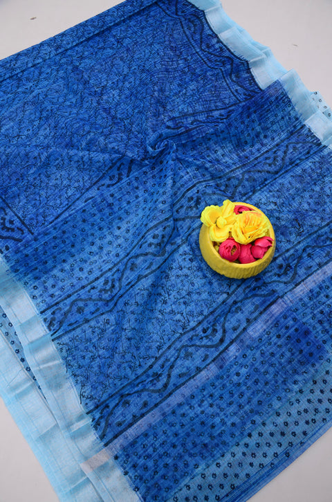 Traditional Kota Doria Hand-Printed Sarees - Blue Color