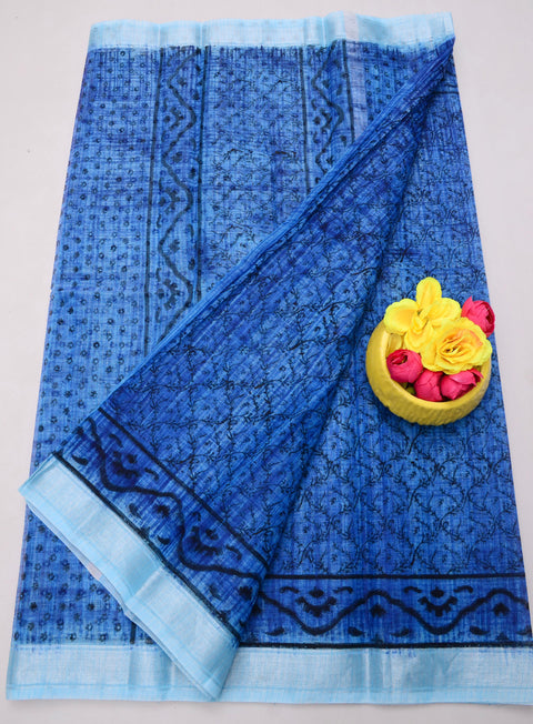 Traditional Kota Doria Hand-Printed Sarees - Blue Color