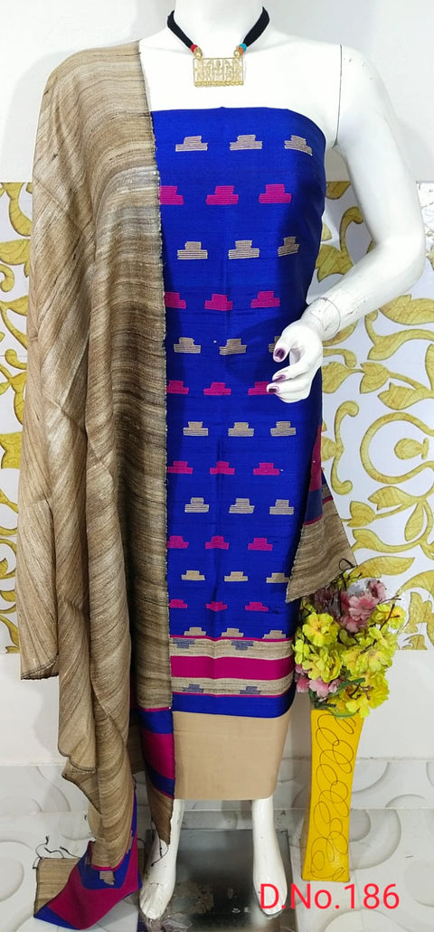 Elegant Handloom Weaved Raw Silk Suit in Faleure Dupion Fabric - Blue Color