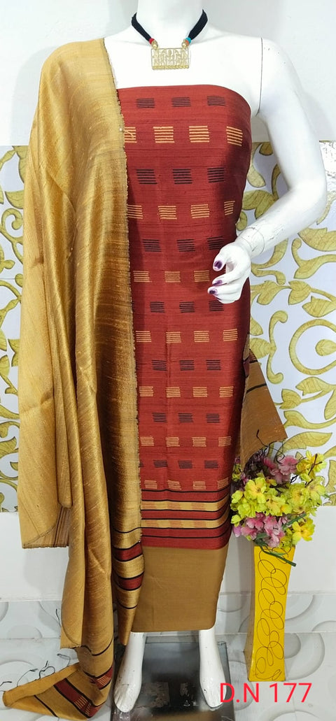 Elegant Handloom Weaved Raw Silk Suit in Faleure Dupion Fabric - Red Color