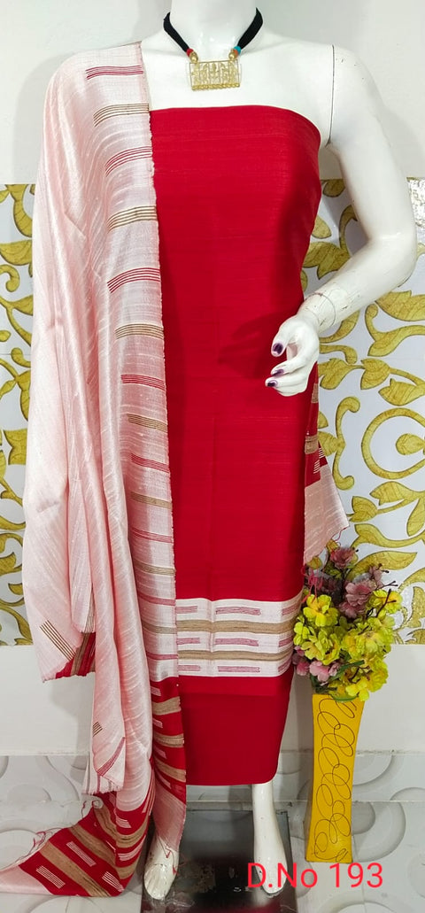 Elegant Handloom Weaved Raw Silk Suit in Faleure Dupion Fabric - Red Colour