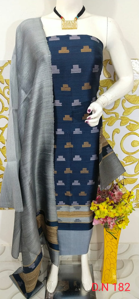 Elegant Handloom Weaved Raw Silk Suit in Faleure Dupion Fabric - Navy Blue Color
