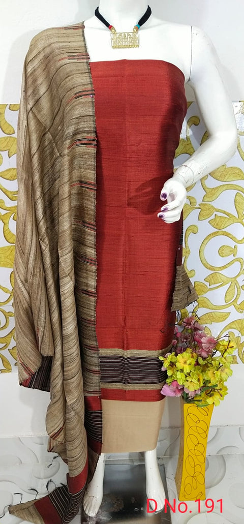 Elegant Handloom Weaved Raw Silk Suit in Faleure Dupion Fabric - Red-Color