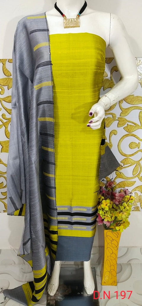 Elegant Handloom Weaved Raw Silk Suit in Faleure Dupion Fabric - Yellow Color