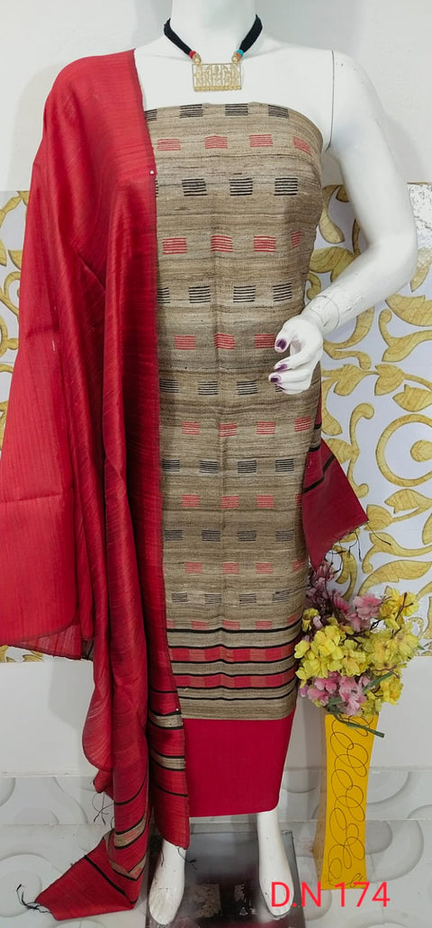 Elegant Handloom Weaved Raw Silk Suit in Faleure Dupion Fabric - Beige Colour