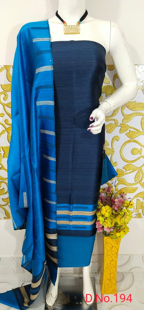 Elegant Handloom Weaved Raw Silk Suit in Faleure Dupion Fabric - Navy Blue Colour