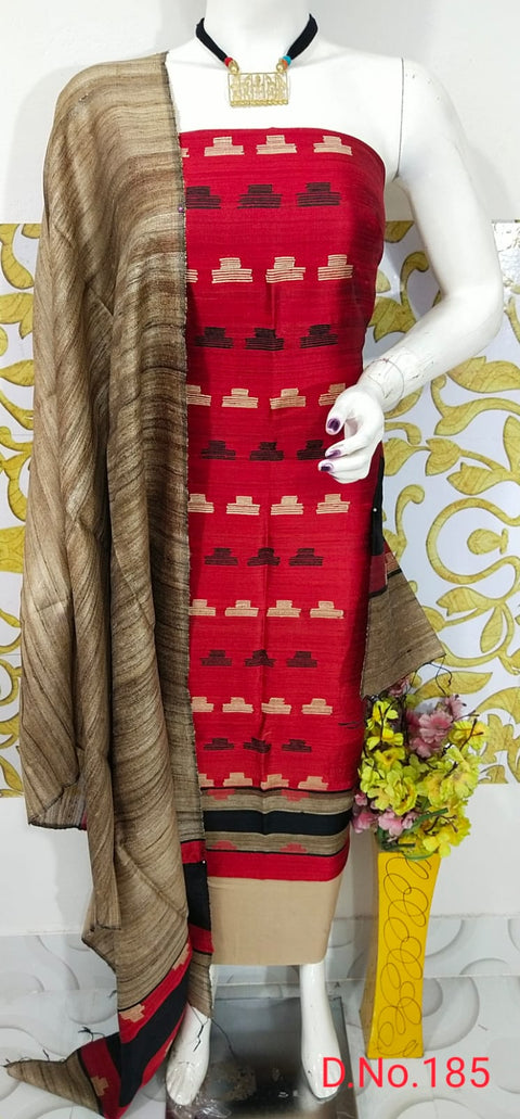 Elegant Handloom Weaved Raw Silk Suit in Faleure Dupion Fabric - Red & Beige Color