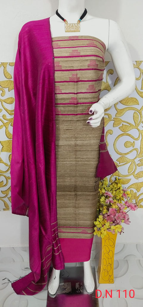 Beige Color - Elegant Handloom Weaved Raw Silk Suit in Faleure Dupion Fabric