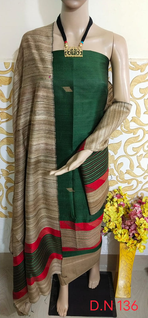 Elegant Handloom Weaved Raw Silk Suit in Faleure Dupion Fabric - Dark Green Color