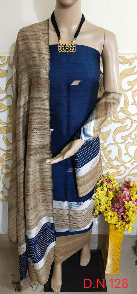 Elegant Handloom Weaved Raw Silk Suit in Faleure Dupion Fabric - Blue-Color