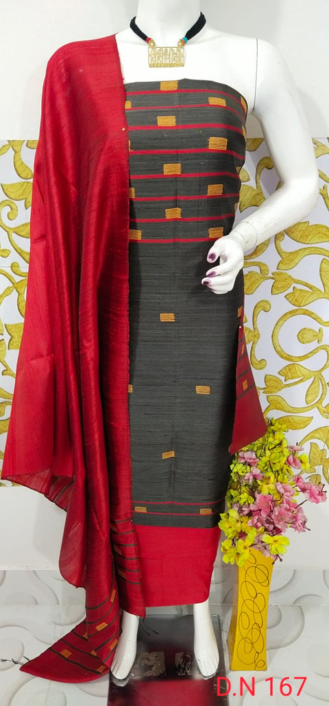 Elegant Handloom Weaved Raw Silk Suit in Faleure Dupion Fabric - Grey-Color
