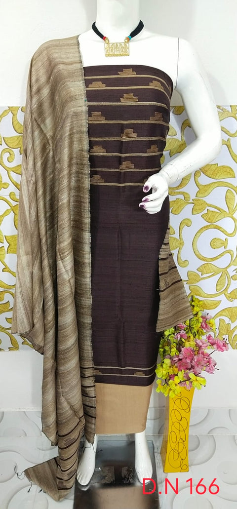 Elegant Handloom Weaved Raw Silk Suit in Faleure Dupion Fabric - Dark Brown Color