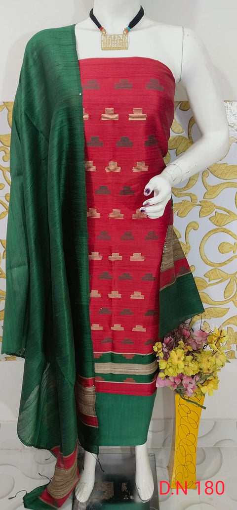 Elegant Handloom Weaved Raw Silk Suit in Faleure Dupion Fabric - Red & Green Color