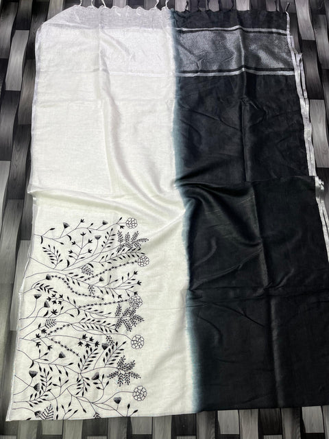 Double Color Pure Linen Saree - White & Black Color