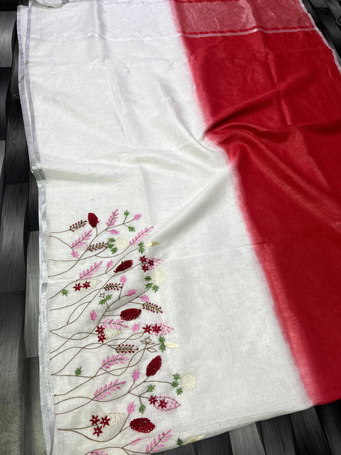 Double Color Pure Linen Saree - White & Red Color