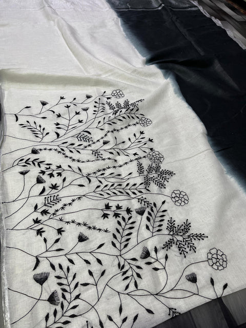 Double Color Pure Linen Saree - White & Black Color
