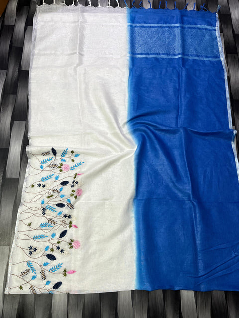 Double Color Pure Linen Saree - White & Blue Color