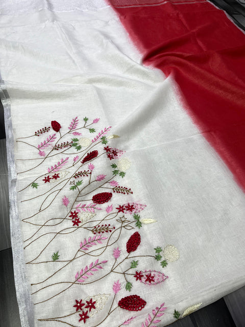 Double Color Pure Linen Saree - White & Red Color