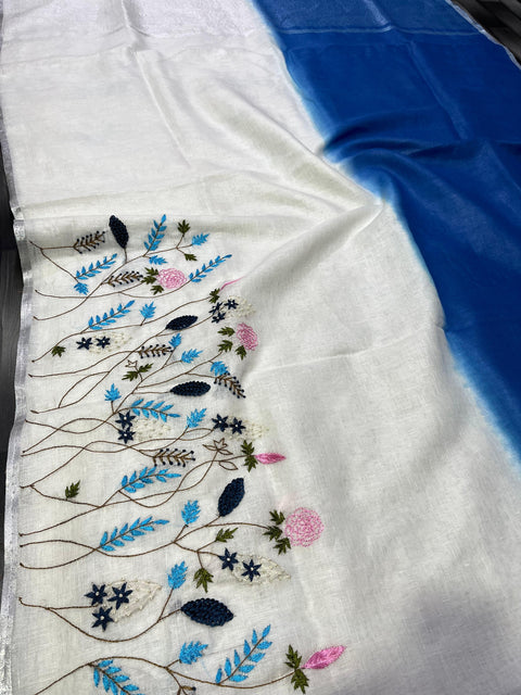 Double Color Pure Linen Saree - White & Blue Color