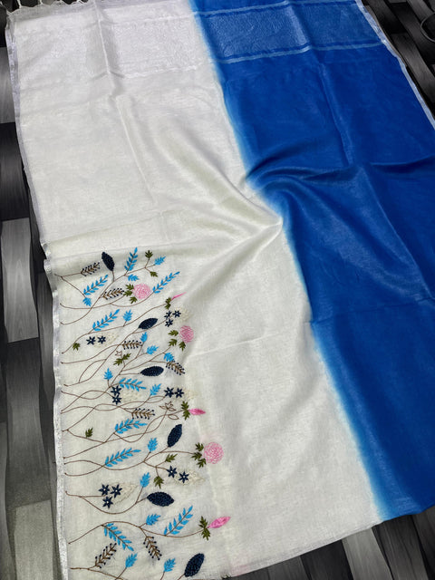 Double Color Pure Linen Saree - White & Blue Color