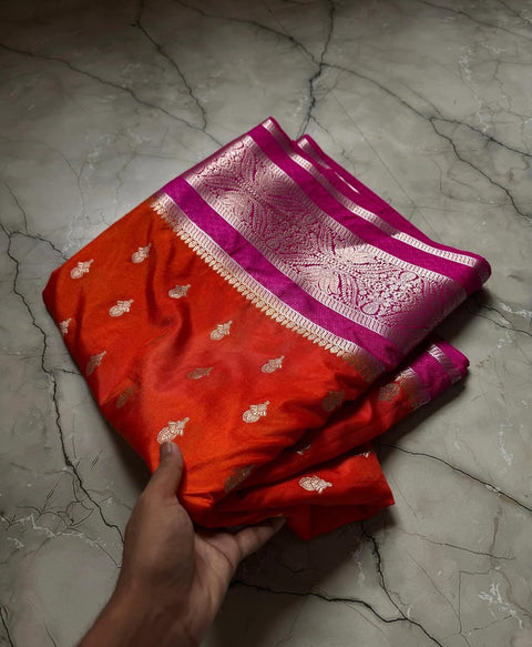 Banarasi Semi Katan Soft Silk Saree with Zari Buti Work - Orange Colour