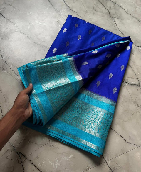 Banarasi Semi Katan Soft Silk Saree with Zari Buti Work - Blue Colour