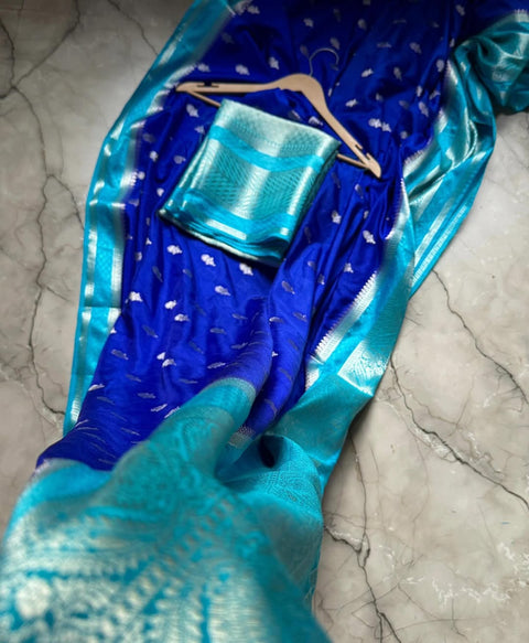 Banarasi Semi Katan Soft Silk Saree with Zari Buti Work - Blue Colour