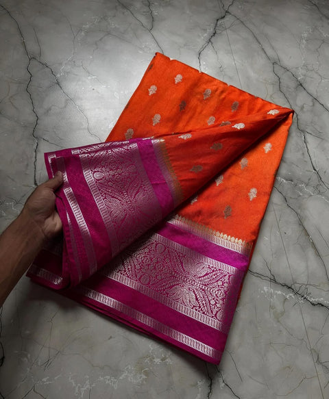 Banarasi Semi Katan Soft Silk Saree with Zari Buti Work - Orange Colour