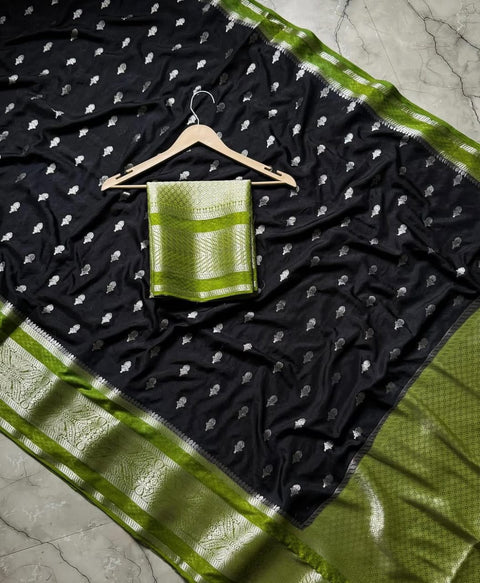 Banarasi Semi Katan Soft Silk Saree with Zari Buti Work - Black Colour