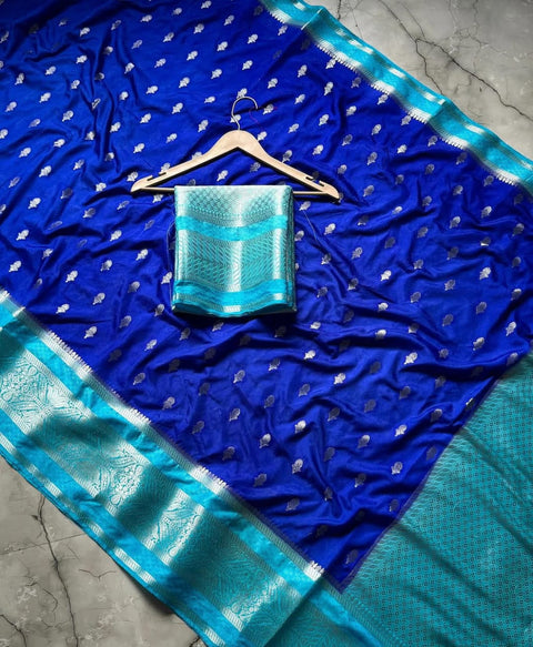 Banarasi Semi Katan Soft Silk Saree with Zari Buti Work - Blue Colour