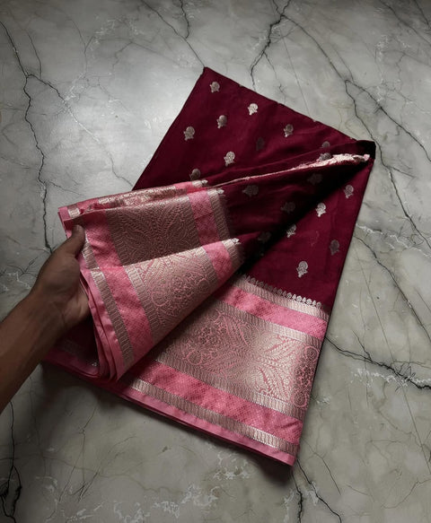 Banarasi Semi Katan Soft Silk Saree with Zari Buti Work - Maroon Colour