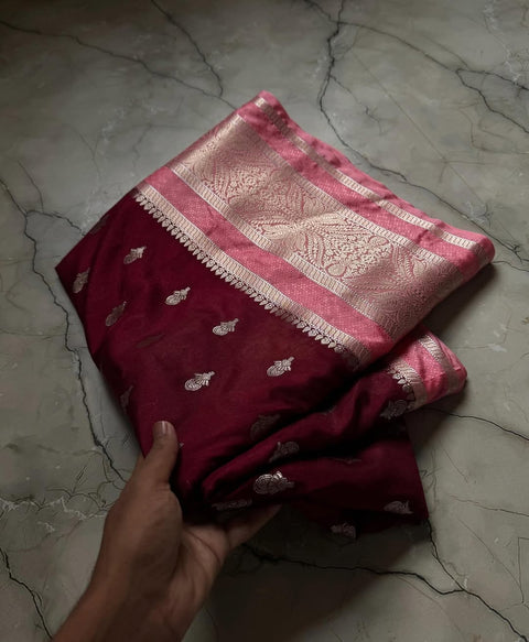 Banarasi Semi Katan Soft Silk Saree with Zari Buti Work - Maroon Colour