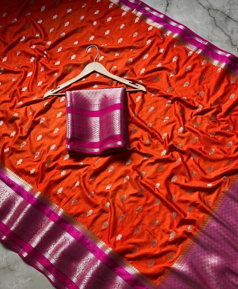 Banarasi Semi Katan Soft Silk Saree with Zari Buti Work - Orange Colour