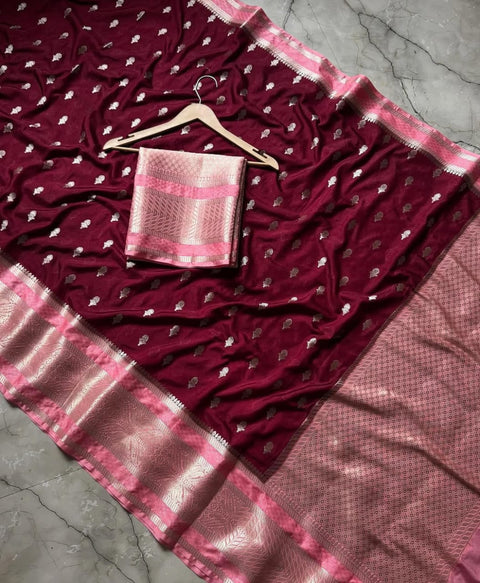 Banarasi Semi Katan Soft Silk Saree with Zari Buti Work - Maroon Colour