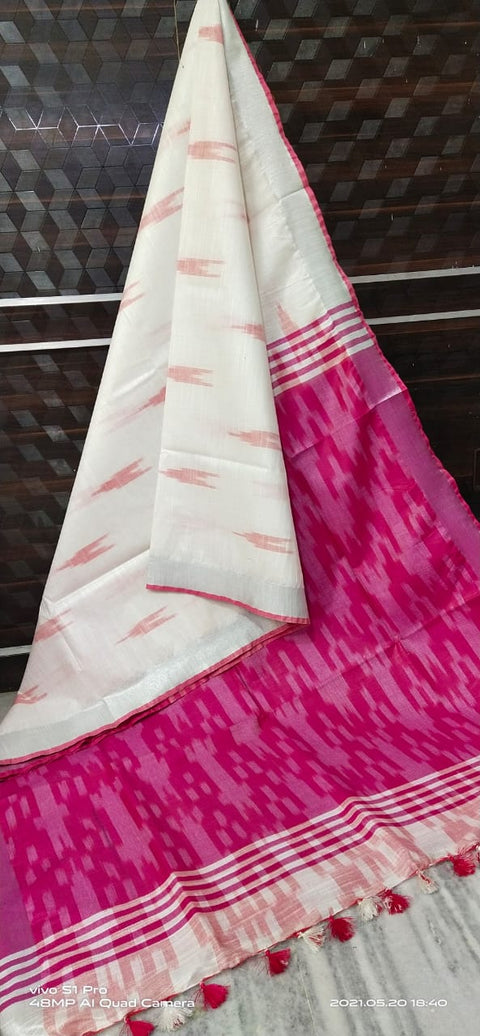 Pure Cotton Ikkat Saree - Pink & White Color