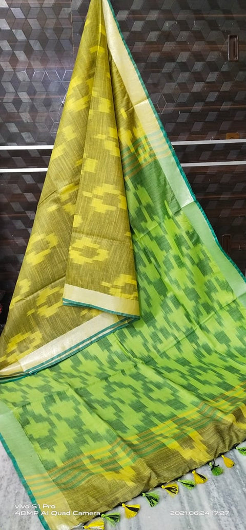 Pure Cotton Ikkat Saree - Olive & Green Color Combination