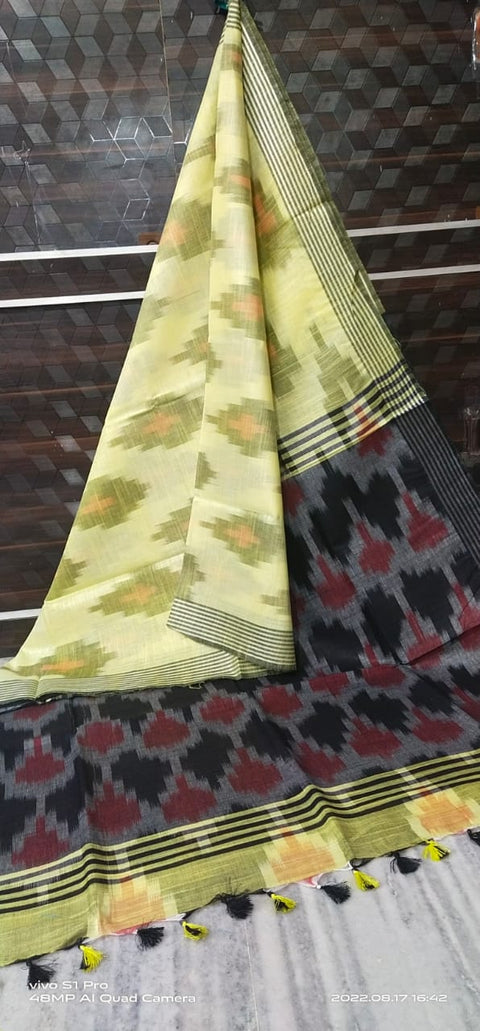 Pure Cotton Ikkat Saree - Yellow Black Combination