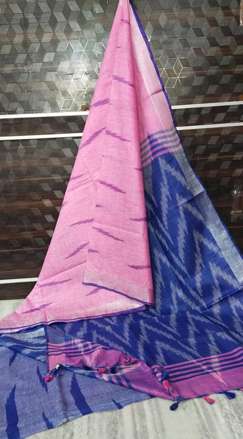 Pure Cotton Ikkat Saree - Pink & Blue Color Combination
