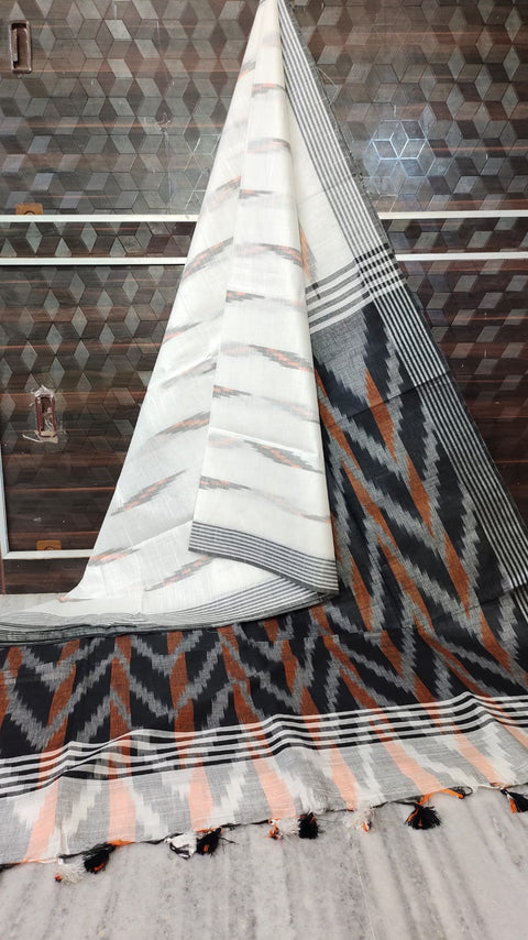 Ikkat Print Pure Cotton Saree - White and Black Color