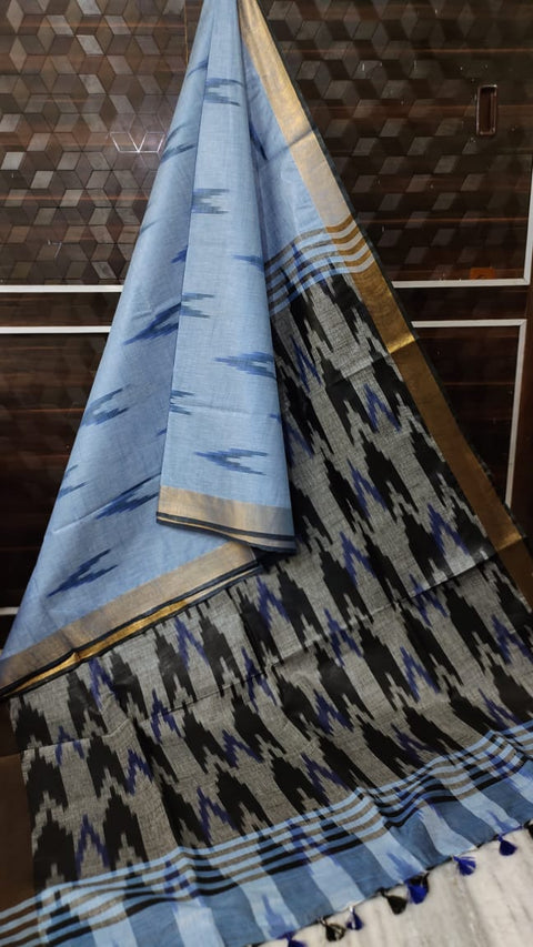 Pure Cotton Ikkat Saree - Blue & Black Combination