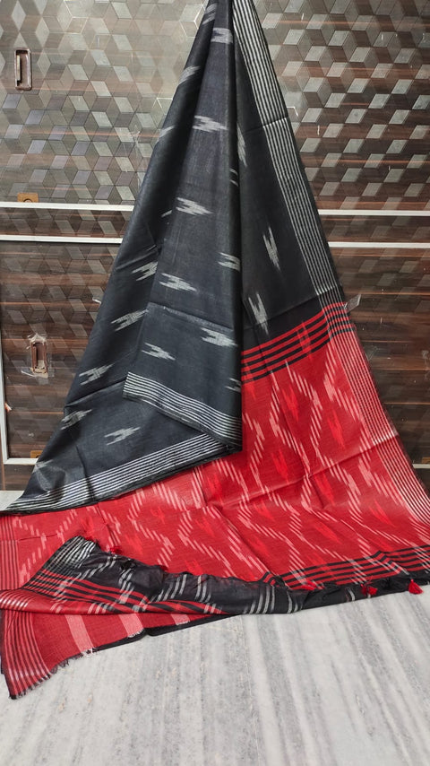 Pure Cotton Ikkat Saree - Black & Red Combination