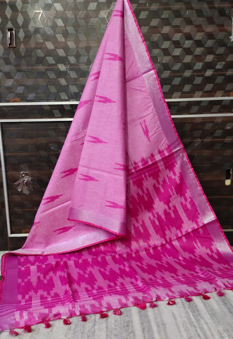 Pure Cotton Ikkat Saree - Pink Color Combination