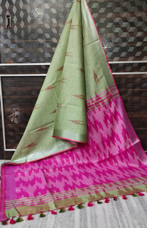 Pure Cotton Ikkat Saree - Green & Pink Color